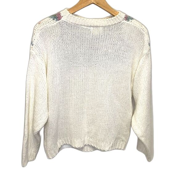 Vintage 80s Needles & Yarn Ivory Cable Knit Floral Yoke Crewneck Sweater Size M - Picture 5 of 13